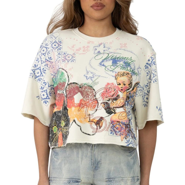 Smoke Rise Boxy Rhinestone Women's T-Shirt Turtle Dove rkt26s404-td