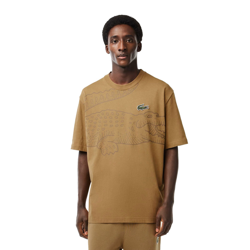 Lacoste Round Neck Loose Fit Crocodile Print Men's T-shirt Brown