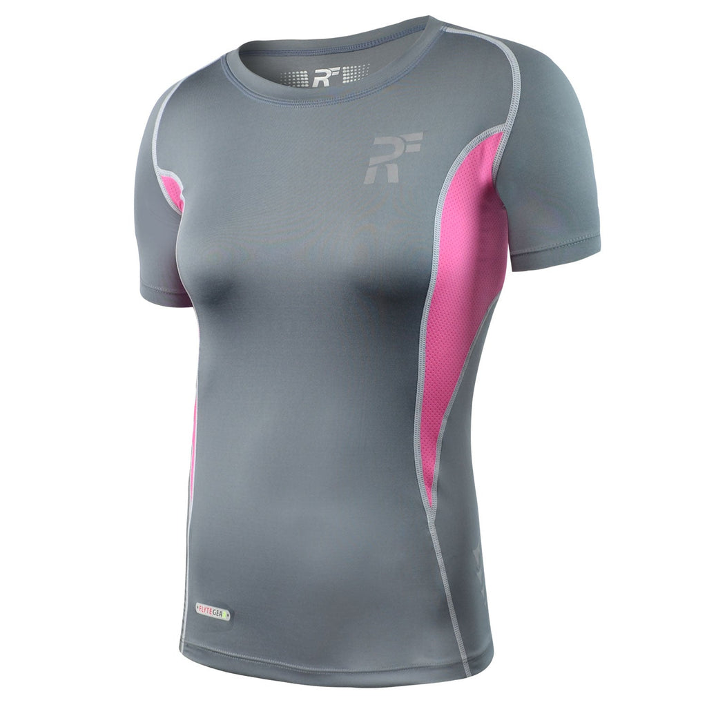 RunFlyte Women's Swarna Flow Short Sleeve T-Shirt Charcoal/Pink