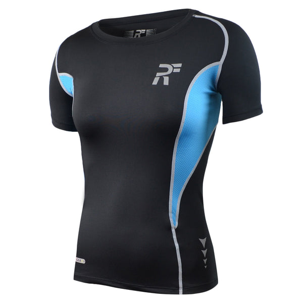 RunFlyte Women's Swarna Flow Short Sleeve T-Shirt Silvery Black/Aqua Blue