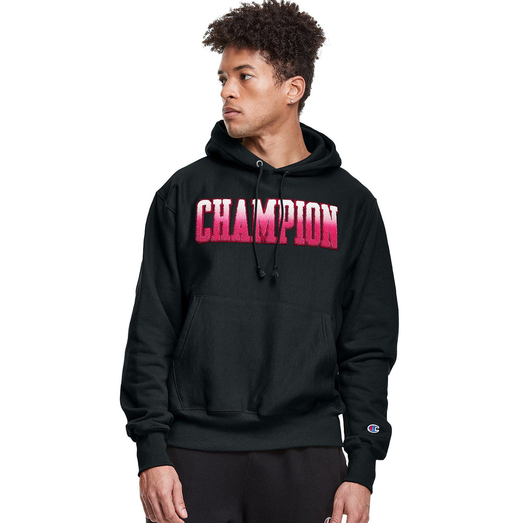 Champion Chenille Men's Reverse Weave Ombre Block Logo Pullover Hoodie Black