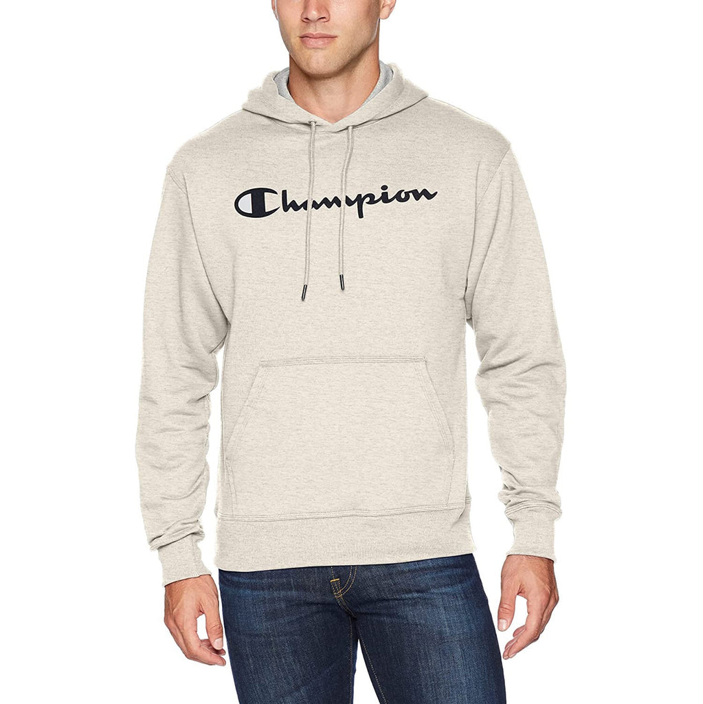 Champion Men's Powerblend Fleece Pullover Hoodie Script Logo Oatmeal Heather gf89h-y07718k74 (Size M)